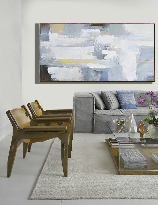 Huge Abstract Painting On Canvas,Horizontal Palette Knife Contemporary Art Panoramic Canvas Painting,Hand Paint Large Art,White,Grey,Yellow,Brown.etc